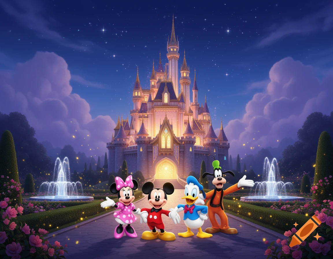 Minnie, Mickey, Donald, and Goofy standing in front of a glowing fairytale castle at night with fountains.