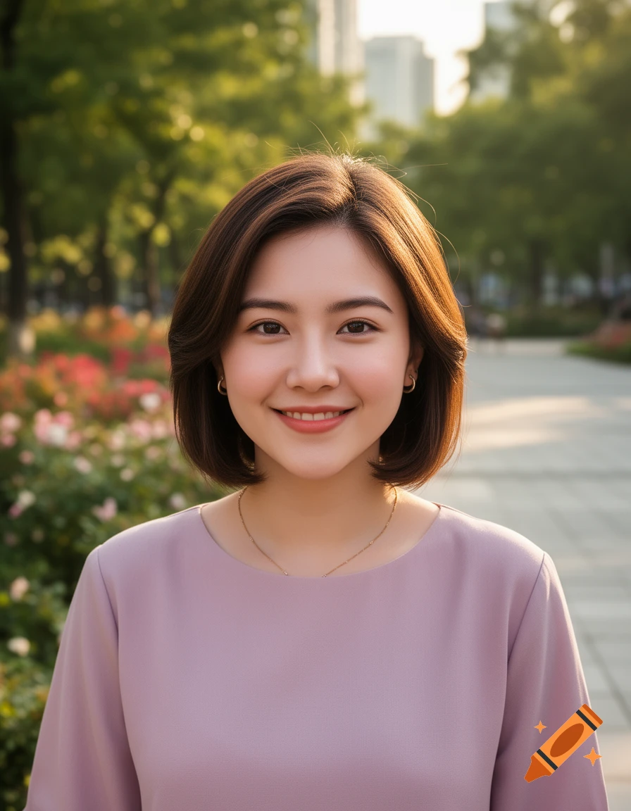 Photorealistic portrait of a young smiling woman with short brown hair in front of a park background.
