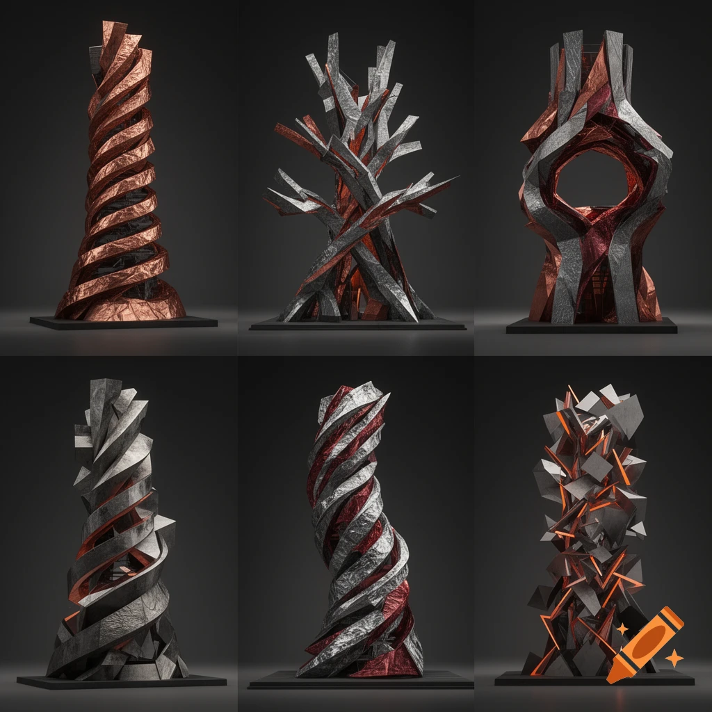 A grid of six architectural sculptures with abstract, unpredictable spirals and geometric forms in metallic copper, silver, and dark tones.