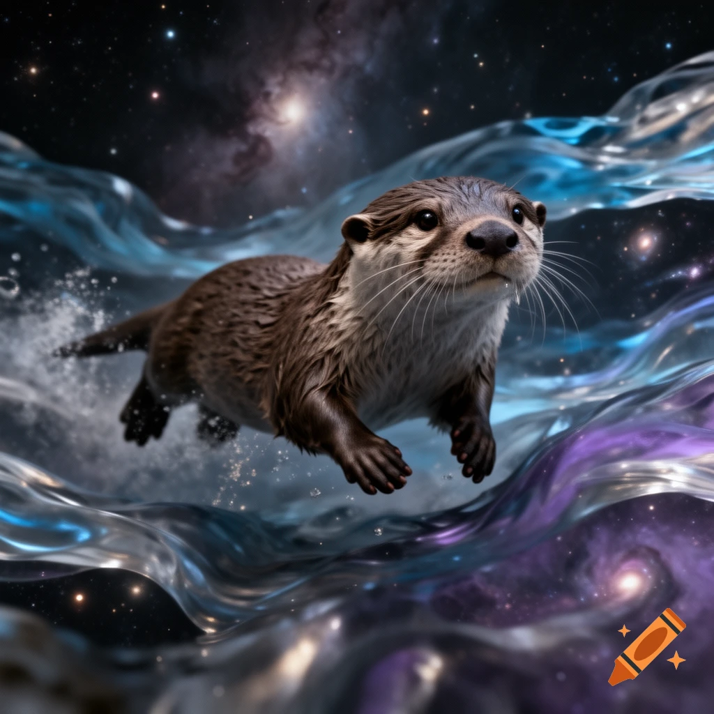 An otter swimming through cosmic currents and glowing nebula in outer space, photorealistic style.