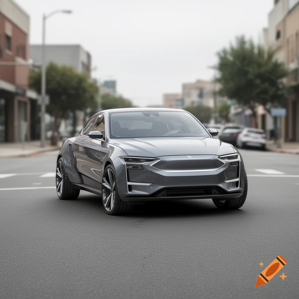 Photorealistic image of a modern gray concept car parked on a city street.