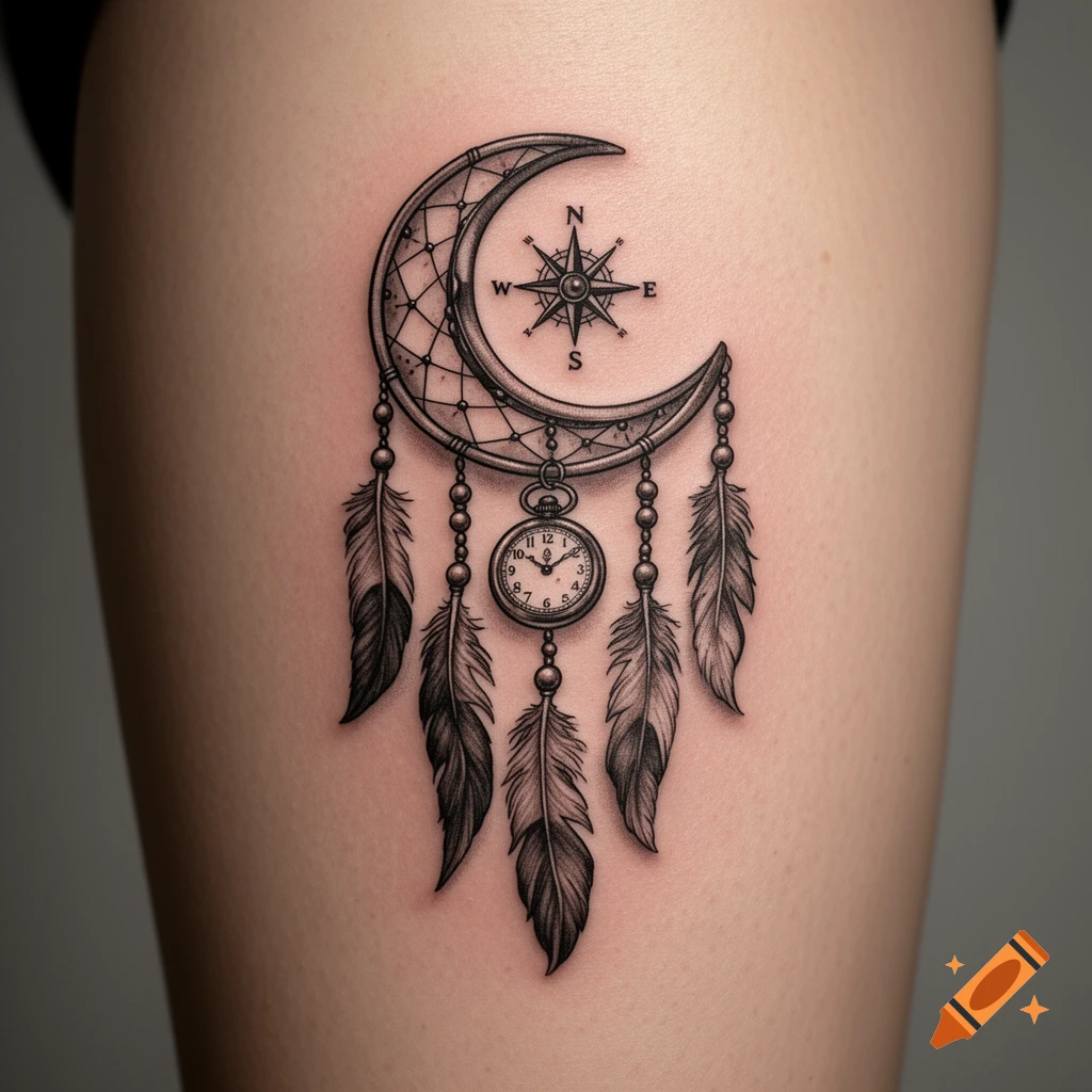 Black and grey tattoo of a crescent moon dreamcatcher with feathers, a compass, and a pocket watch on skin, photorealistic style.