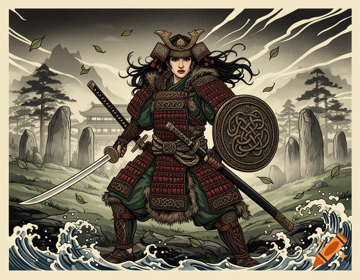 Woodblock print style illustration of a warrior princess in samurai and celtic armor holding a sword and shield.