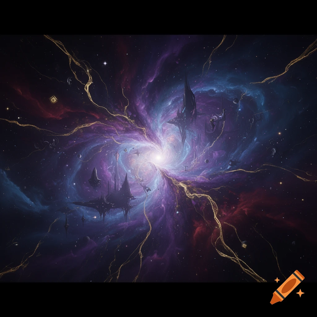Digital illustration of a swirling cosmic void nebula with floating alien structures and glowing gold energy trails.