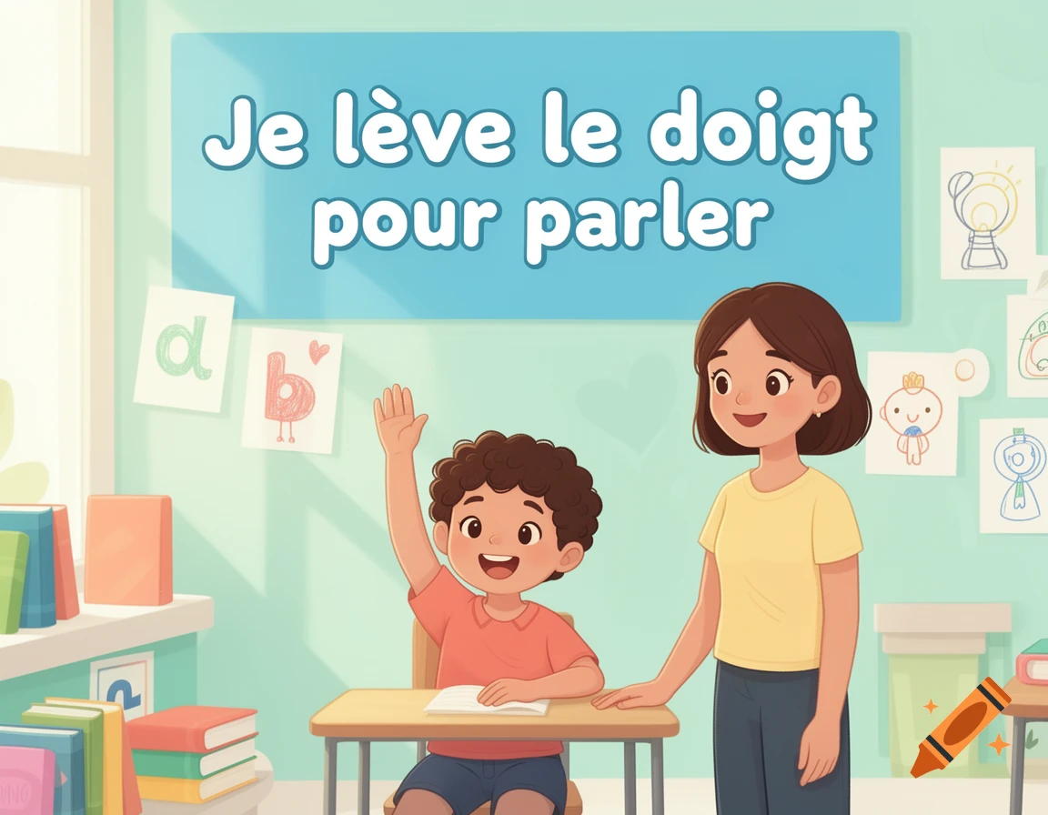 Digital illustration of a classroom with a teacher and a young boy raising his hand, with French text on a blue board.