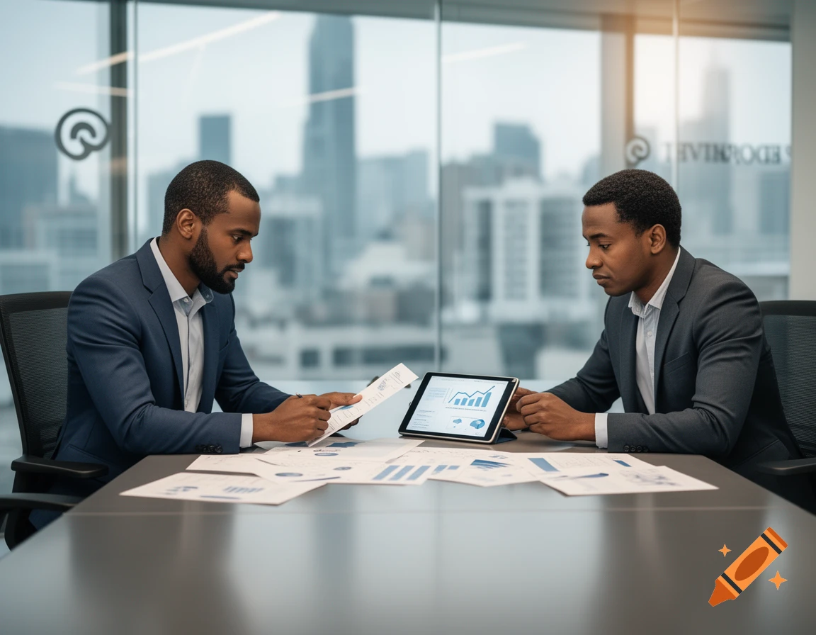 Two Black businessmen in suits reviewing charts and data documents in a modern office boardroom.