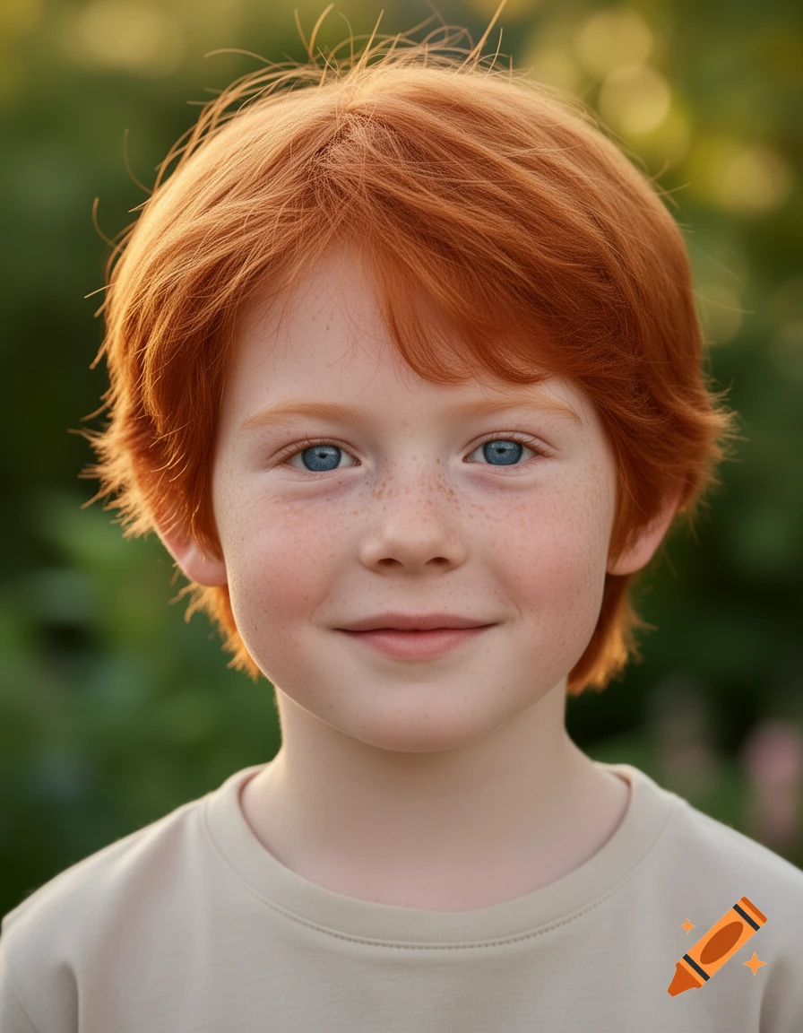 Photorealistic close-up portrait of a young child with bright red hair, blue eyes, and freckles, smiling gently outdoors.
