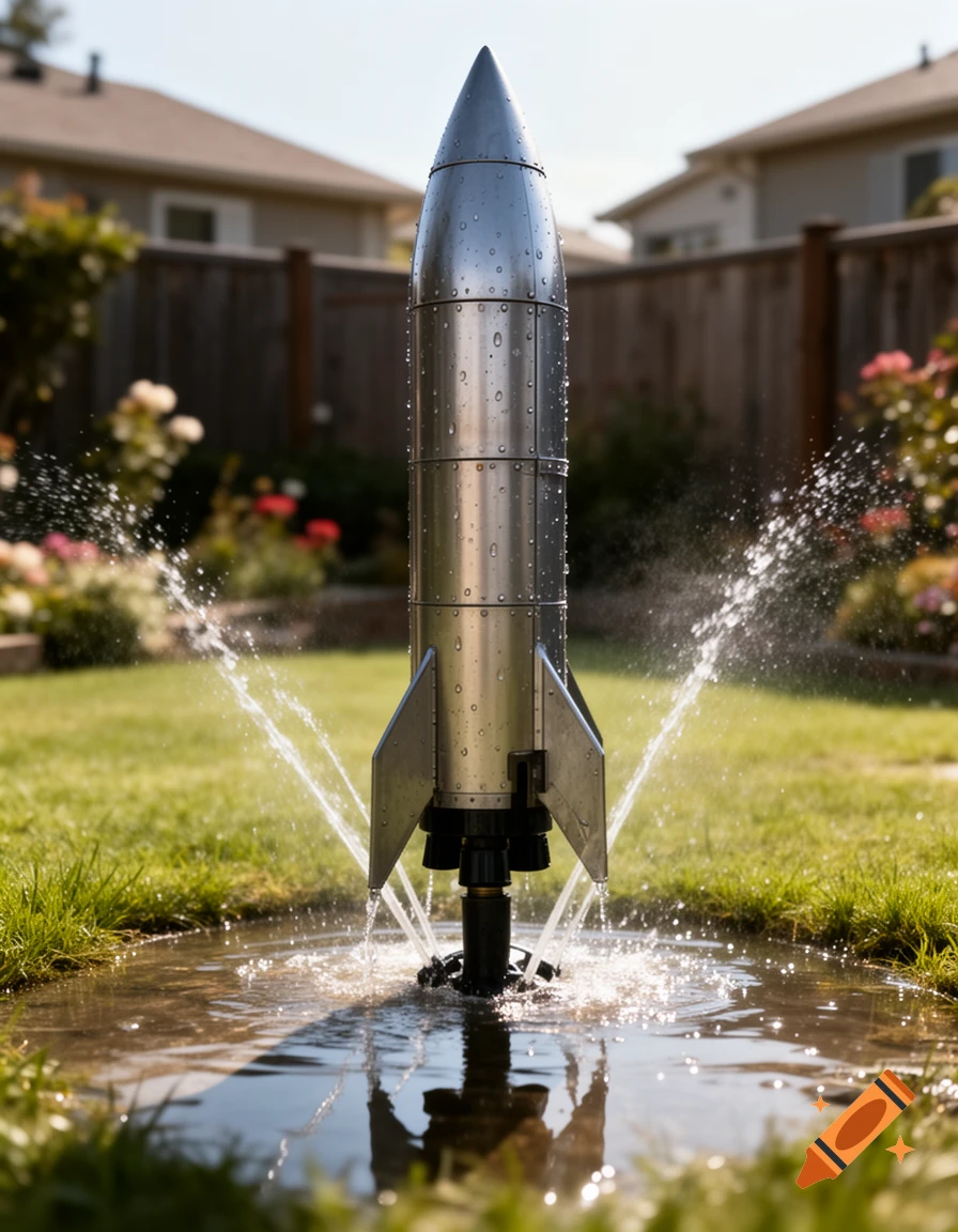 Photorealistic image of a metal rocket ship standing in a backyard sprinkler, surrounded by water splashes and a suburban lawn.