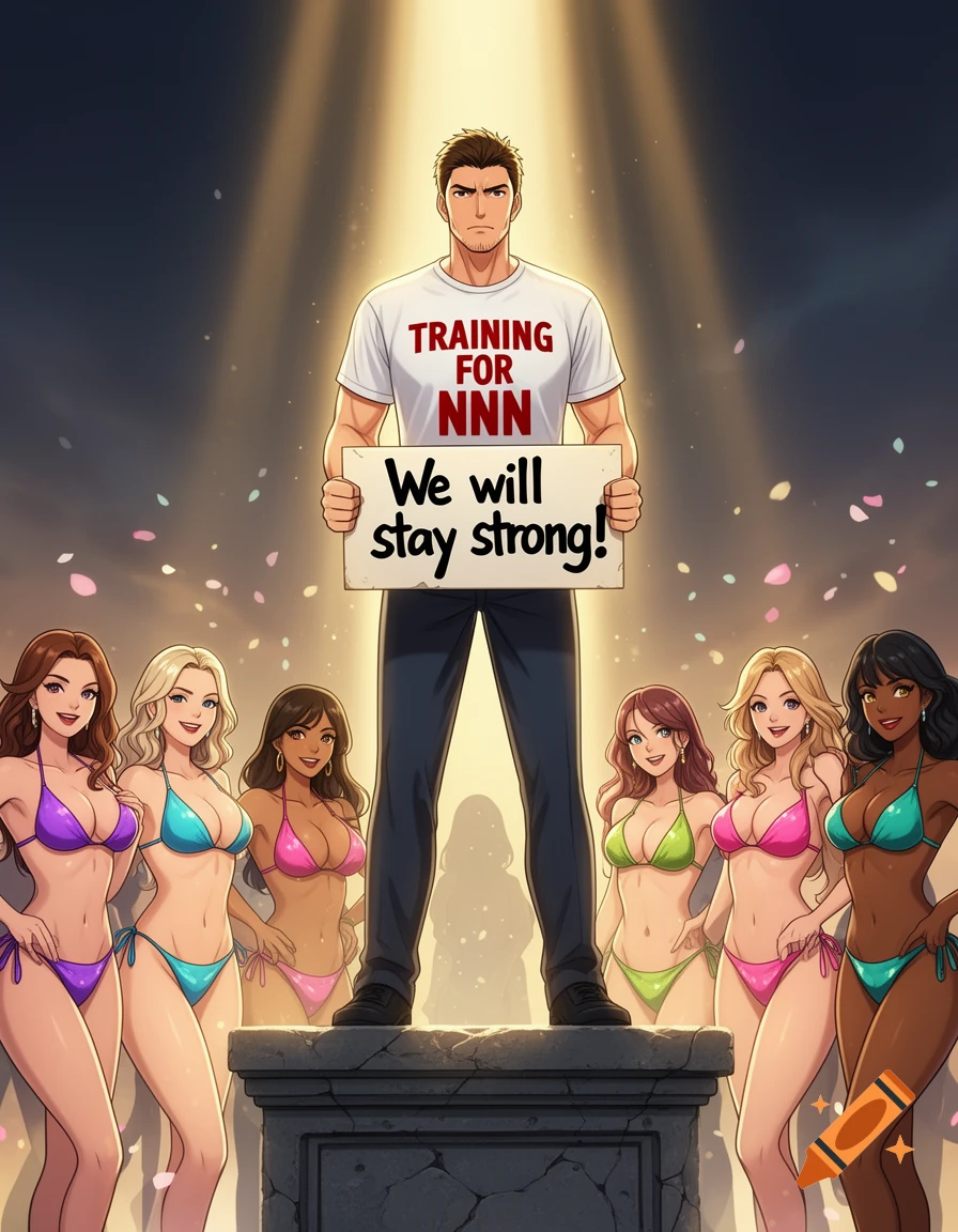 Anime art of a man standing on a pedestal holding a sign, surrounded by women in bikinis.