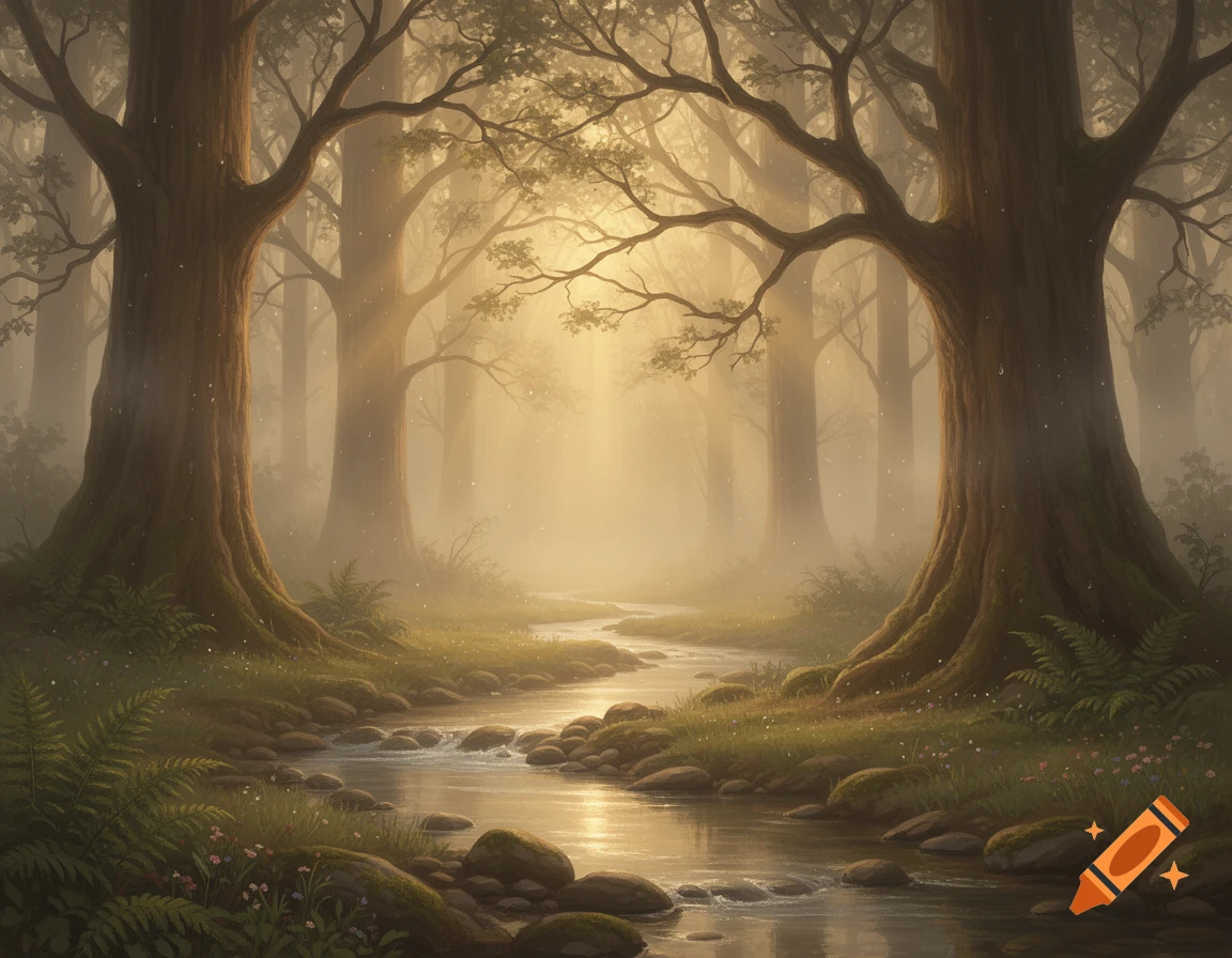 Digital illustration of a serene misty forest with tall trees, a winding stream, and warm sunlight filtering through branches.
