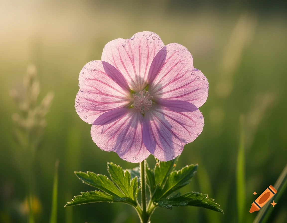 Close-up photorealistic shot of a pink mallow flower with water droplets on petals against a softly blurred green background.
