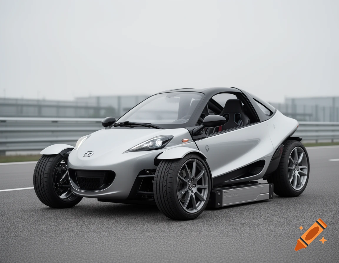 Photorealistic image of a futuristic silver three-wheeled vehicle with side-by-side seating on an asphalt road.