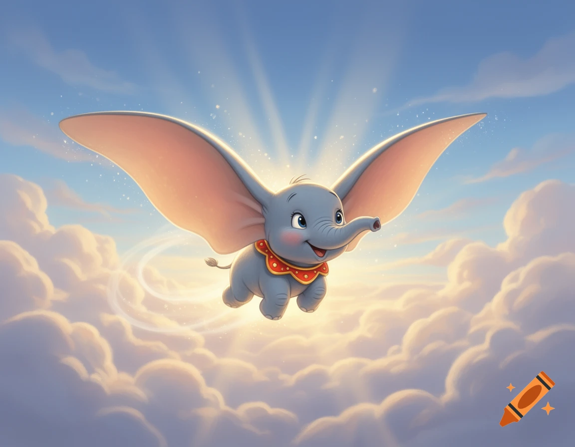 Digital illustration of Dumbo the flying elephant with large ears soaring through clouds with sunbeams in the background.