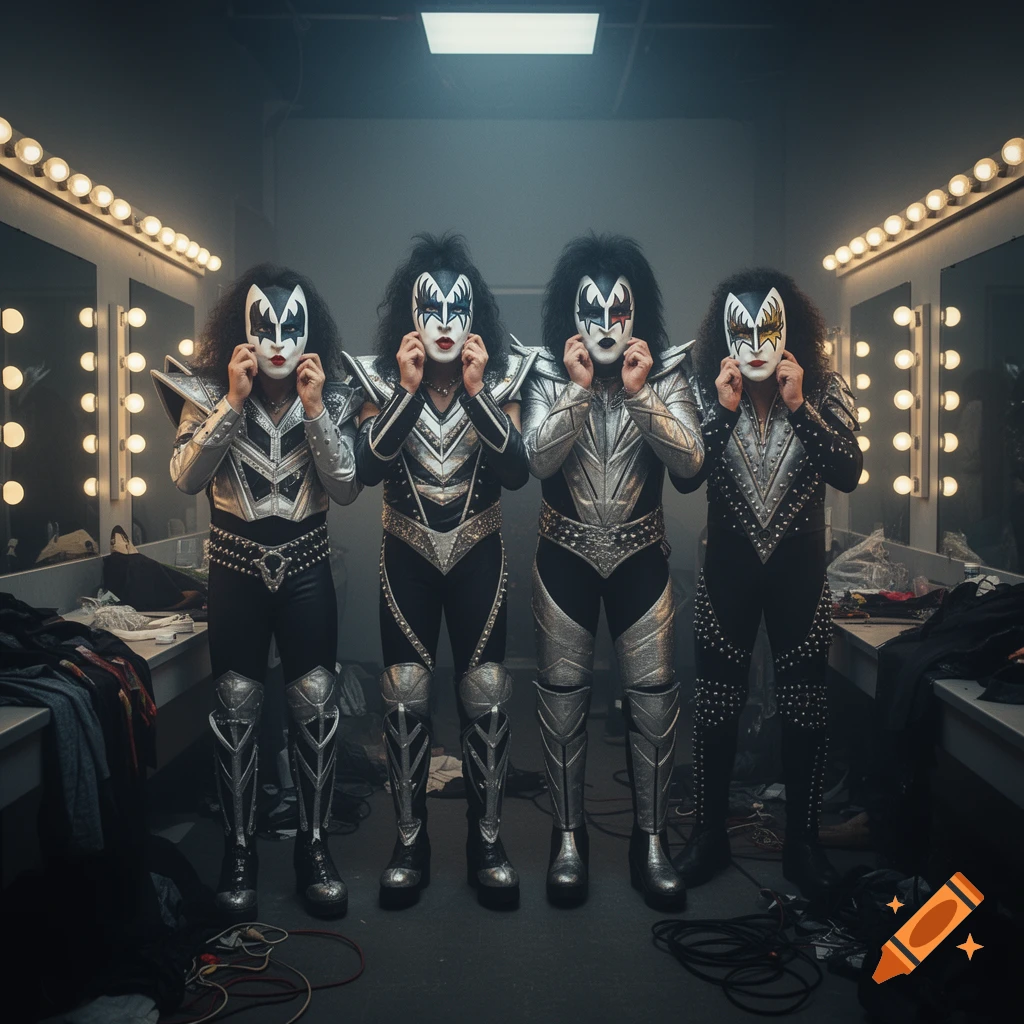Four members of the rock band KISS wearing full makeup and silver stage costumes in a backstage dressing room.