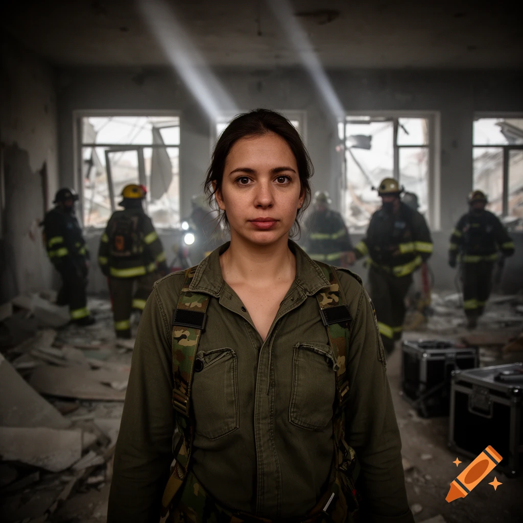 Photorealistic medium shot of a woman in a military-style green uniform standing in a damaged room, with firefighters in the background.