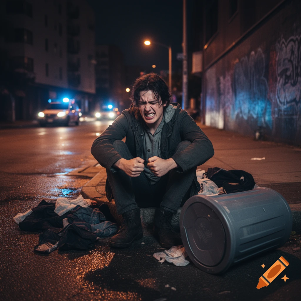 A distressed young man sitting on a curb at night in an urban street with police lights flashing in the background.