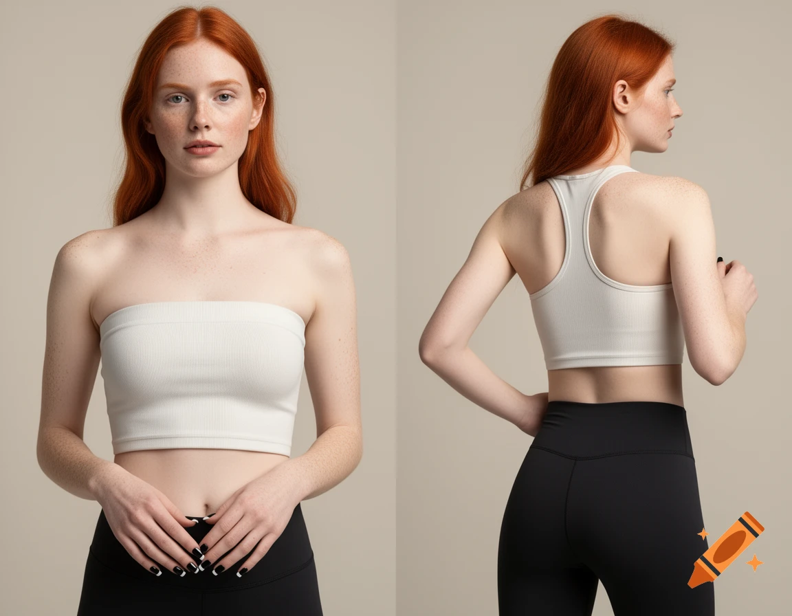 Split image of a petite red-haired model with freckles wearing a white strapless tube top and black leggings, photorealistic.
