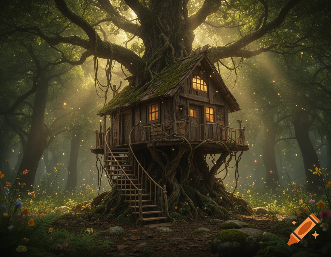 Detailed fantasy tree house in a magical forest with glowing lights and soft sunbeams, digital painting.