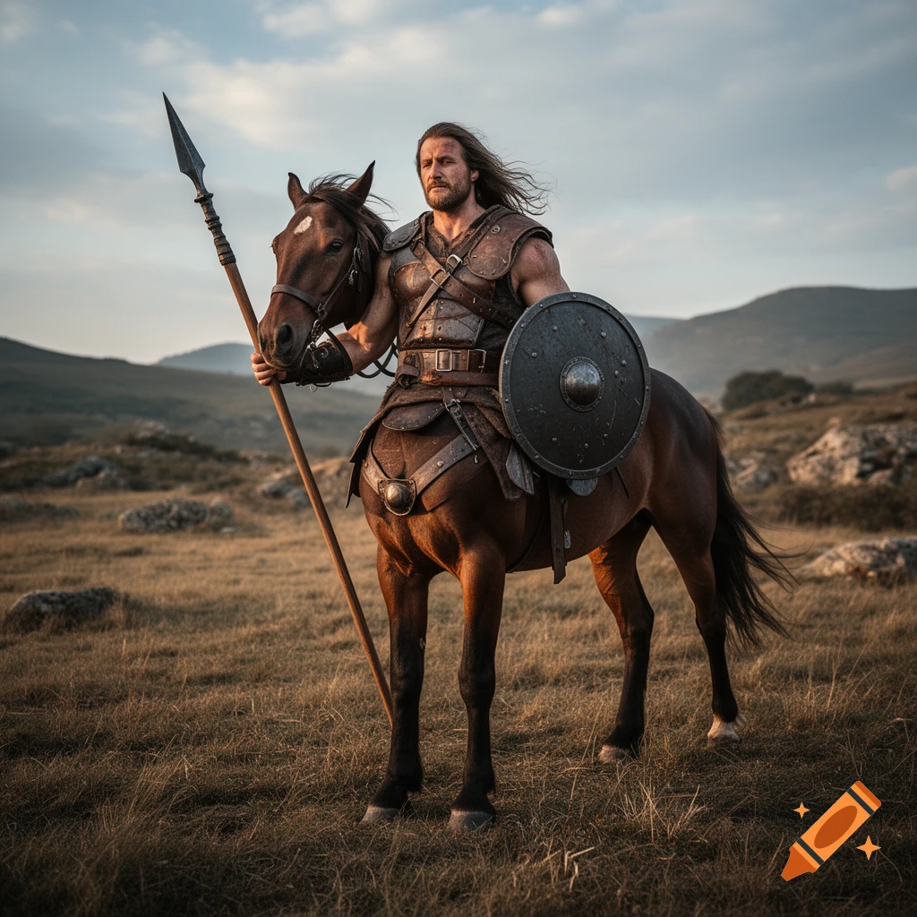 Photorealistic image of a centaur warrior in armor holding a spear and shield in a grassy field.