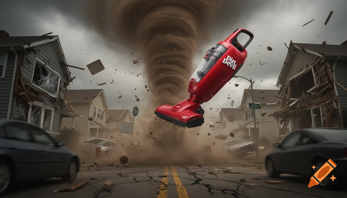 Photorealistic scene of a red Dirt Devil vacuum cleaner flying in the air like a tornado, causing destruction in a suburban neighborhood.
