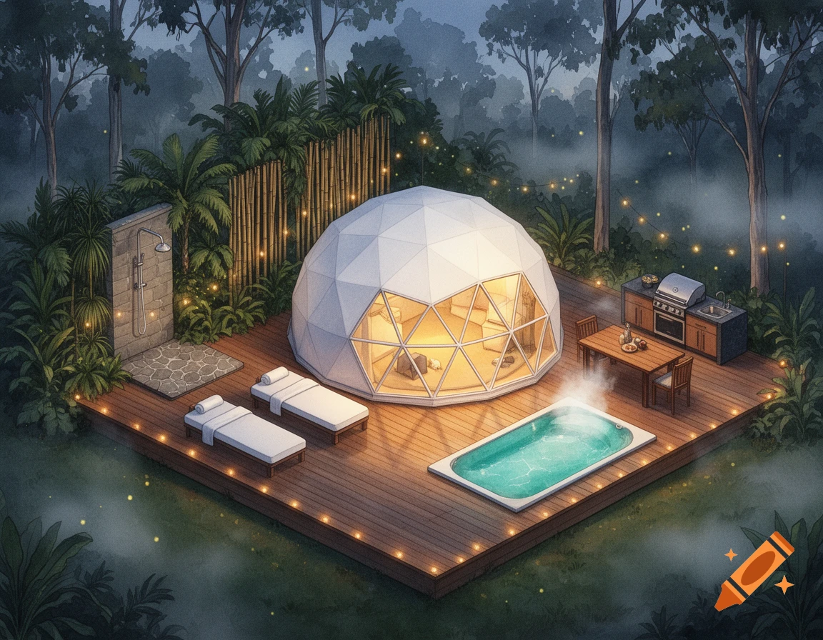 Isometric architectural watercolor rendering of a luxury glamping geodesic dome with a hot tub and deck in a forest.
