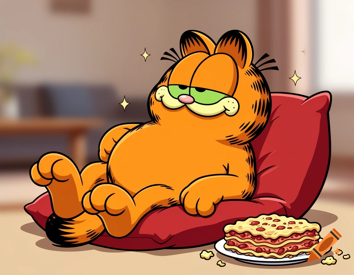 Cel-shaded digital art of Garfield the cat relaxing on a red beanbag chair with a plate of lasagna.