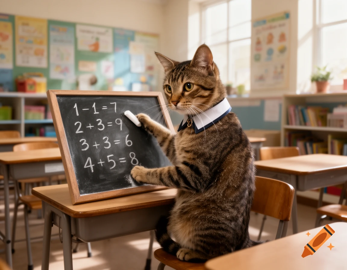 Photorealistic image of a tabby cat wearing a collar, sitting at a school desk and writing math equations on a small chalkboard in a classroom.