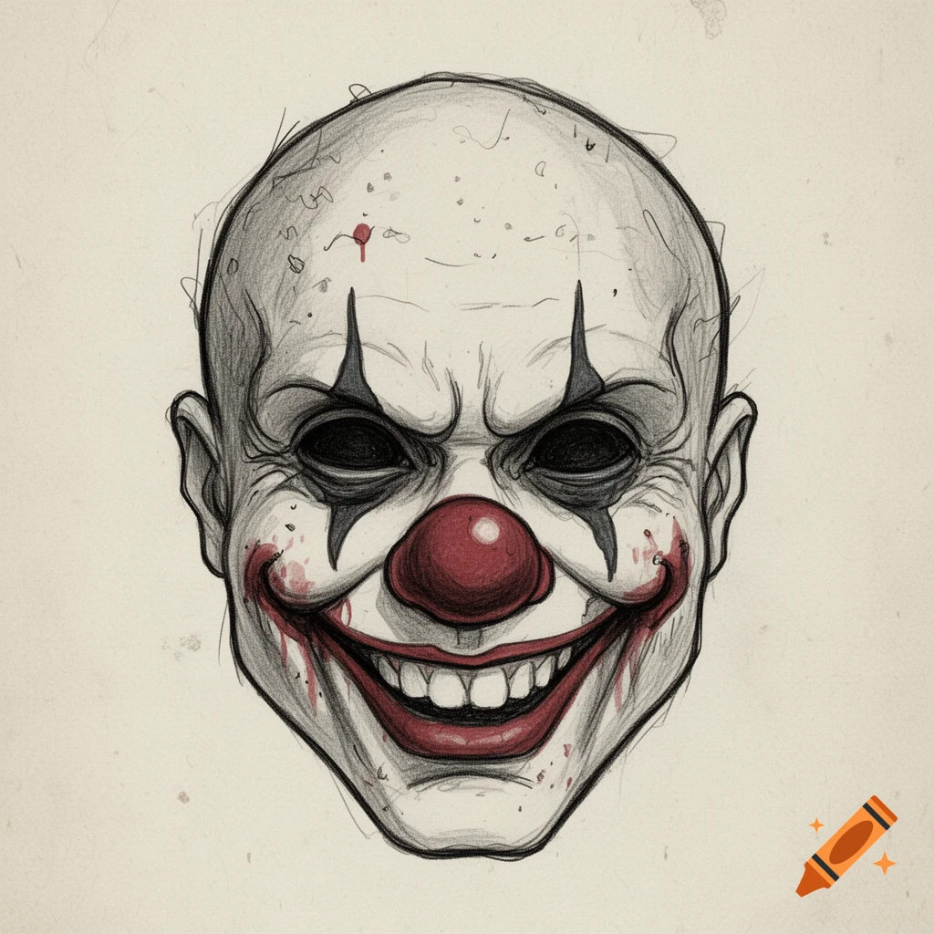 Pencil sketch of a menacing horror clown head with a red nose and sinister smile.