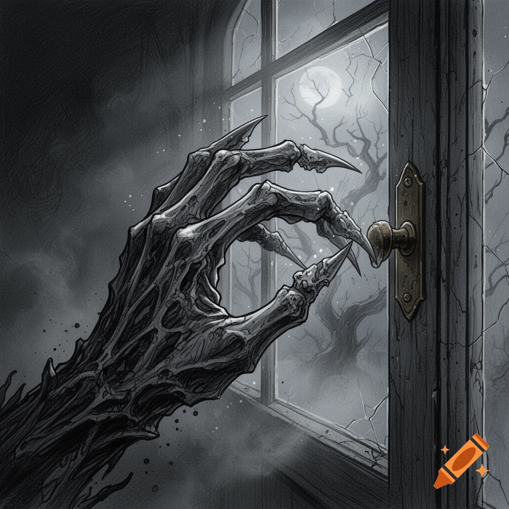 Monochromatic black and white drawing of a skeletal hand with calcified, sharp fingers opening a window in a spooky room.