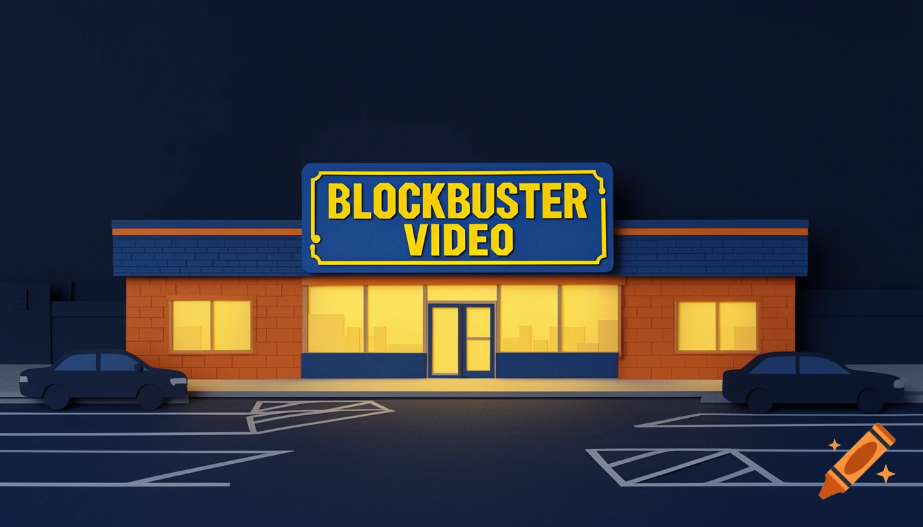 Paper-cut layered illustration of a Blockbuster Video store exterior at night with a glowing neon sign.
