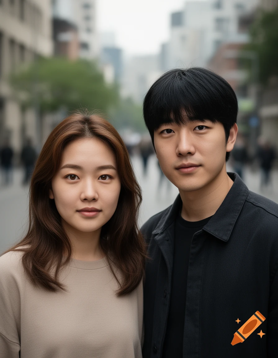 Photorealistic portrait of a young woman with brown hair and a young man with black hair standing outdoors in a city street.
