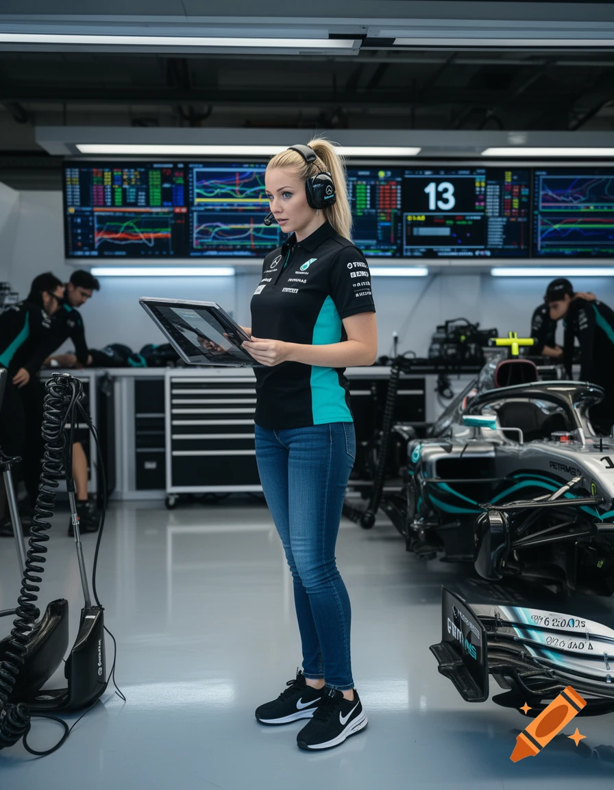 Photorealistic image of a blonde woman wearing Mercedes F1 team gear and headset, holding a tablet inside a garage with a race car.