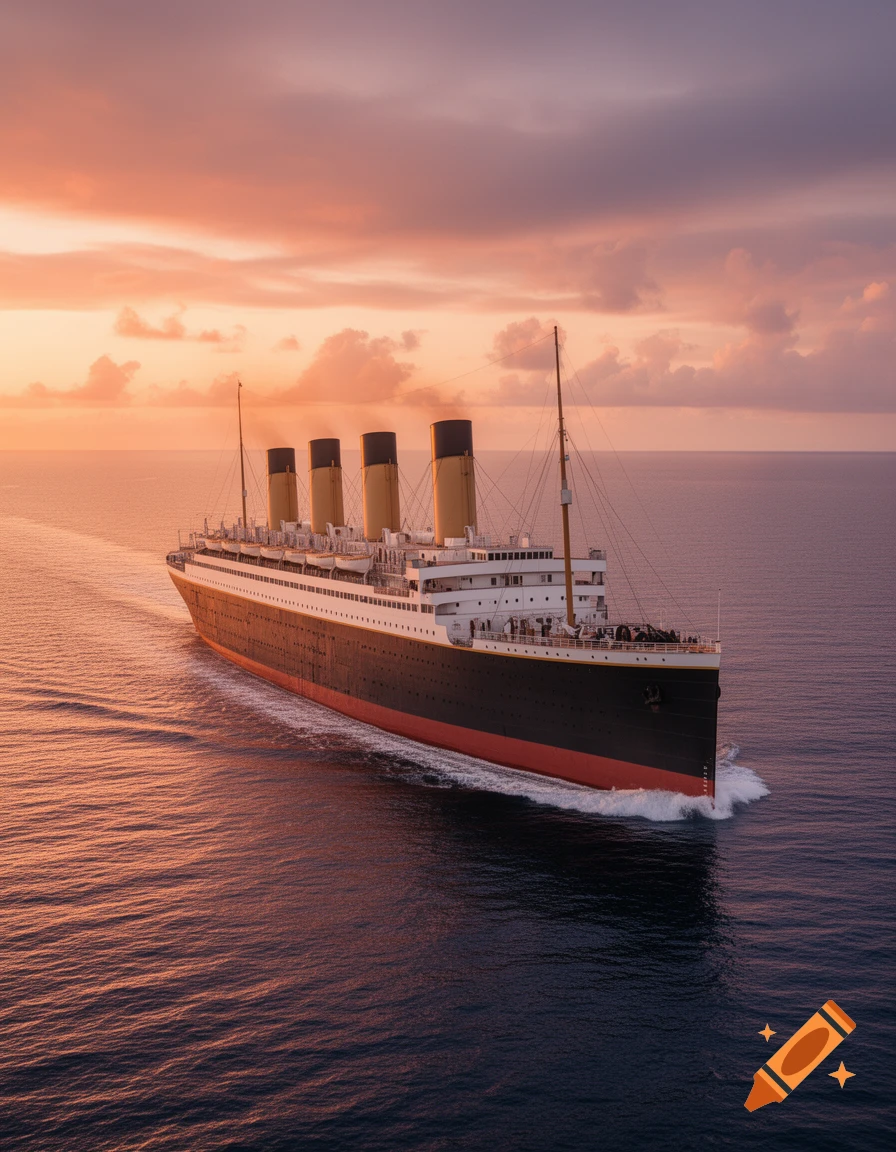 Photorealistic image of the Titanic ship sailing on calm ocean waters during a vibrant sunset.