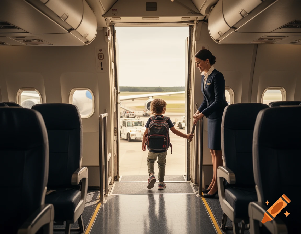 A young child with a backpack boards an airplane, greeted by a flight attendant at the door.