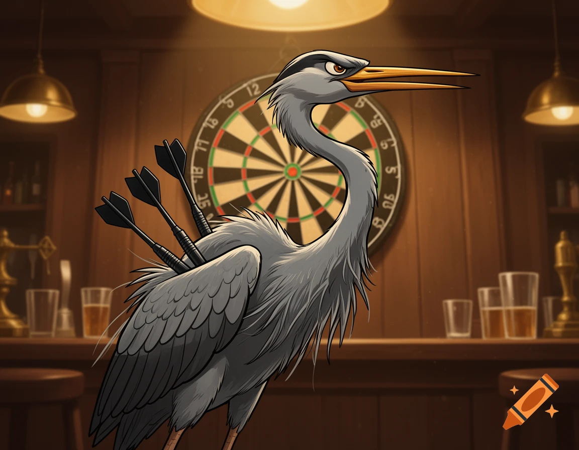 Animated style illustration of a grey heron with three black darts tucked into its feathers, standing in front of a dartboard inside a pub.