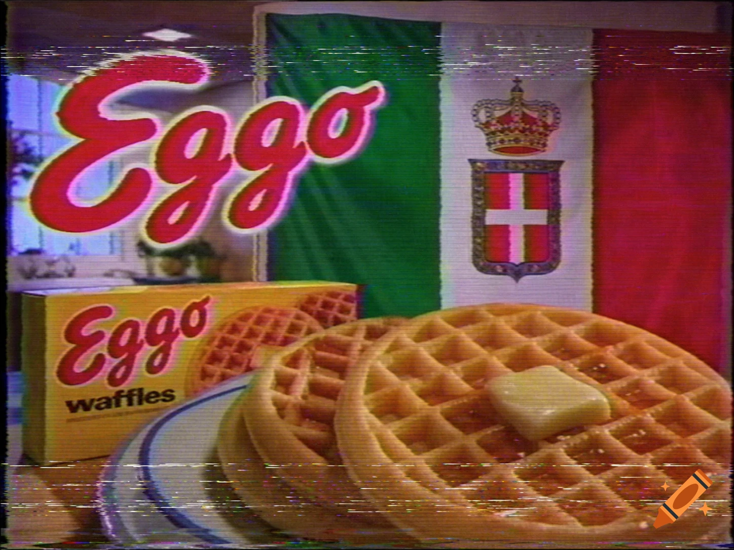 1992 VHS style commercial featuring Eggo waffles and a Kingdom of Italy flag.