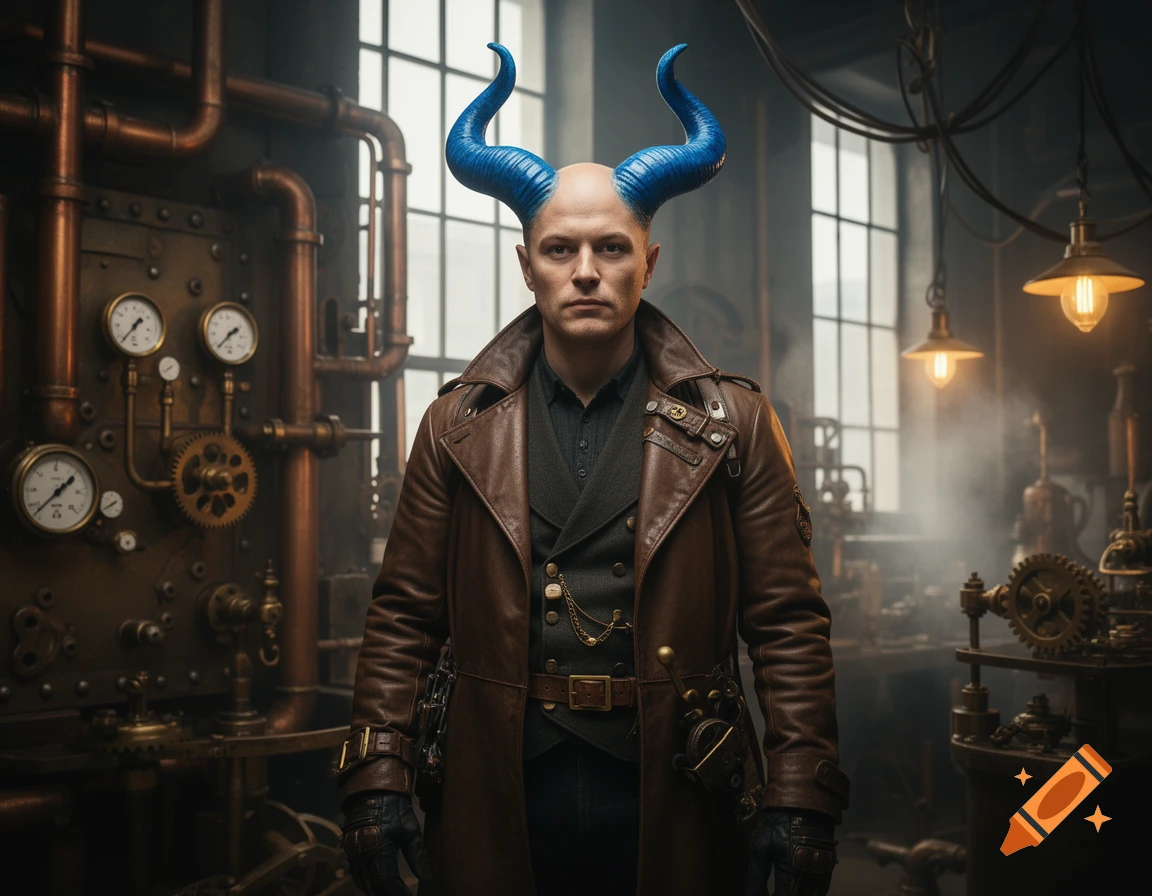 Photorealistic portrait of a bald man with large blue horns wearing a brown leather steampunk coat in a factory setting.