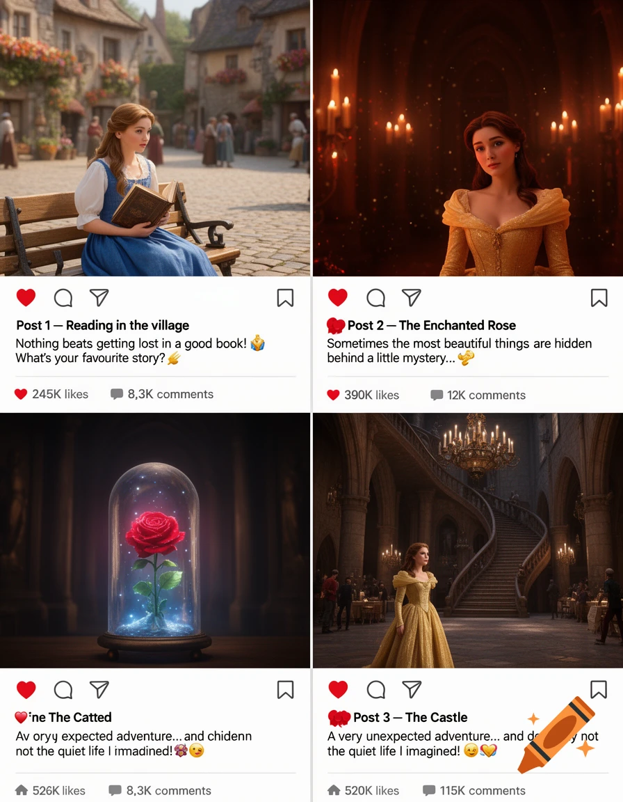 Social media interface showcasing four AI-generated images of Belle from Beauty and the Beast in various scenes.