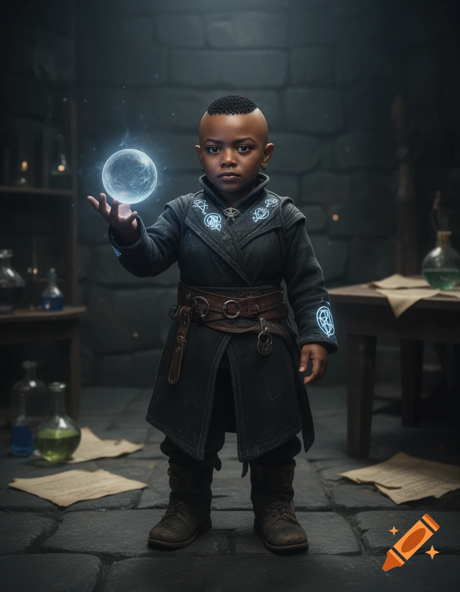 Photorealistic image of a young halfling sorcerer standing in a stone dungeon, holding a glowing magical orb.