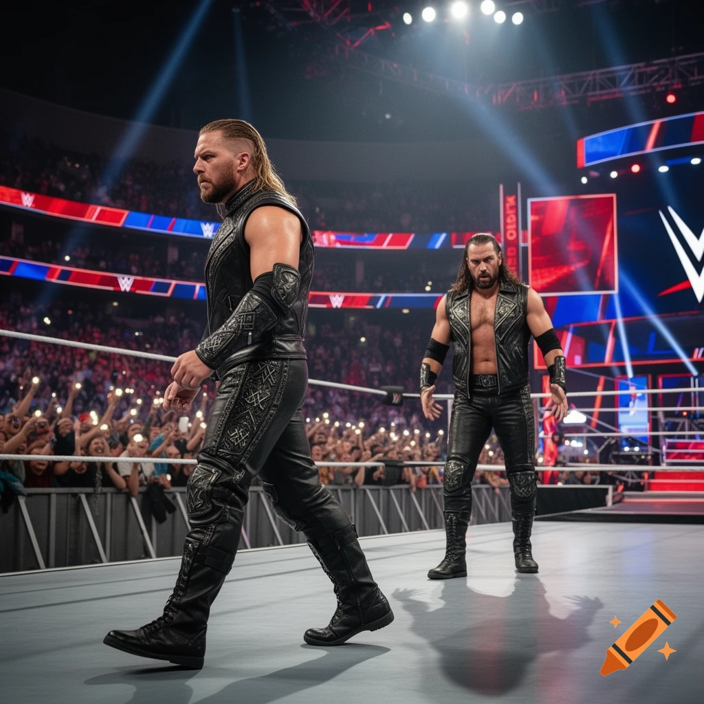 Two male professional wrestlers in black leather outfits walking down a ramp in a crowded arena under bright stage lights.