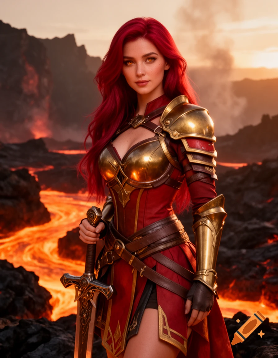 Photorealistic digital painting of a female warrior with vibrant red hair and golden armor, standing in a volcanic landscape.