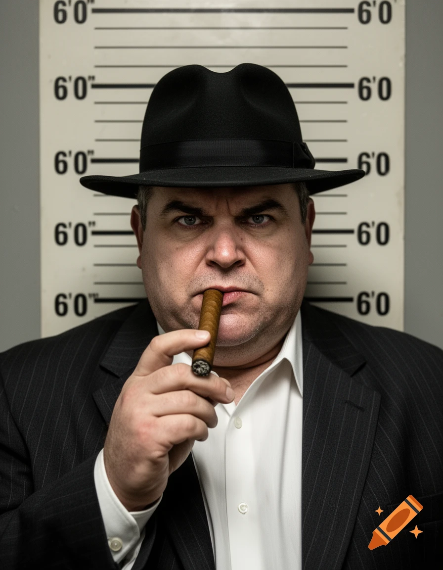 Photorealistic mugshot of a stern man wearing a fedora and a suit, holding a cigar in front of a height chart.