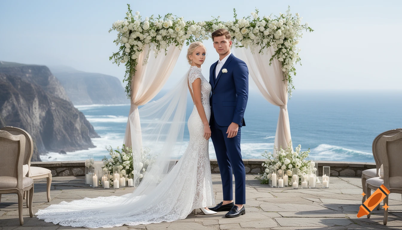 Photorealistic photo of a bride and groom standing before a floral wedding arch on a cliff overlooking the ocean.