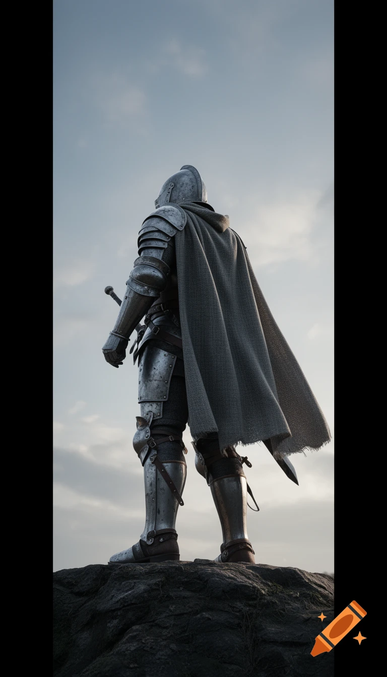 A photorealistic shot of a medieval knight in full plate armor and a cape, standing on a rocky ledge against a cloudy sky.