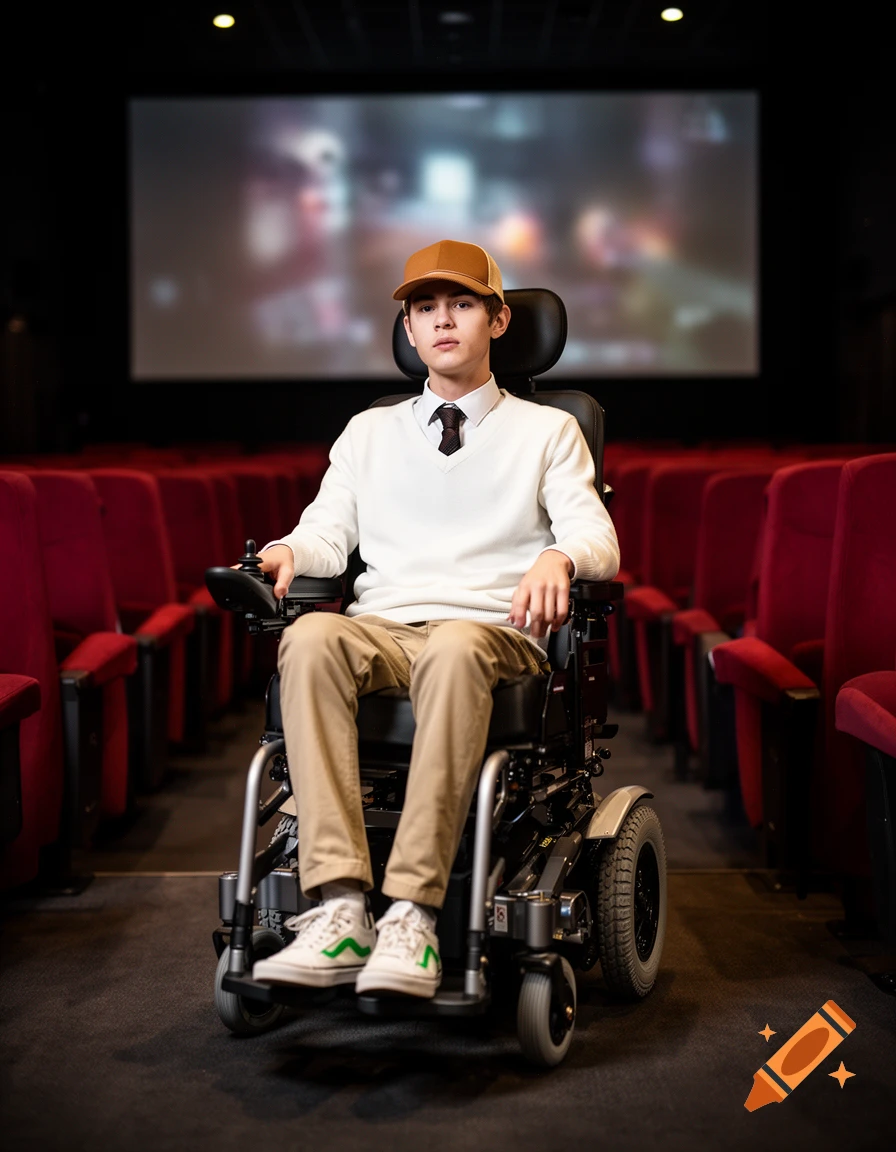 A young man in a white sweater, cap, and beige pants sitting in an electric wheelchair inside a cinema with red seats.