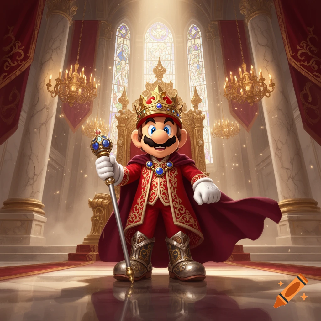 Mario wearing a crown, royal cape, and armor, holding a scepter while standing in a grand throne room.