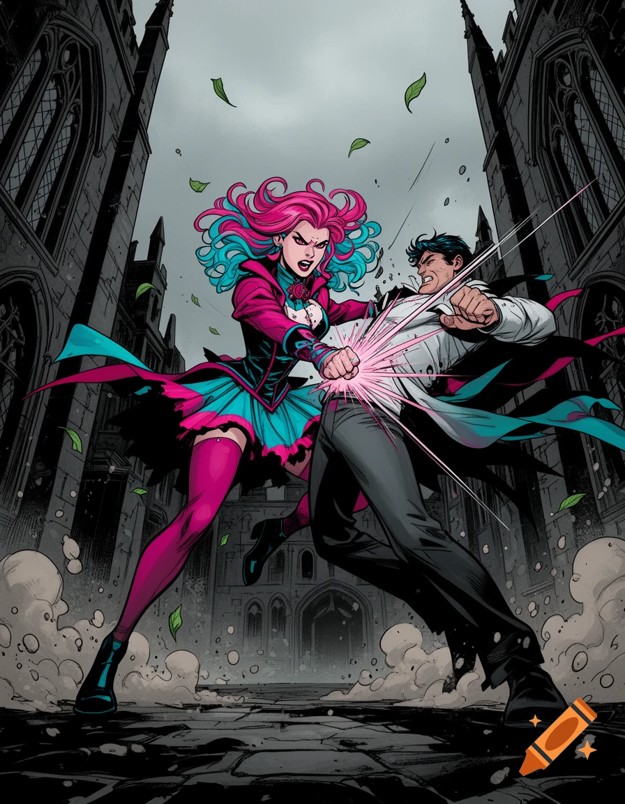 Comic book art of a pink-haired woman punching a man in the stomach in a gothic setting.