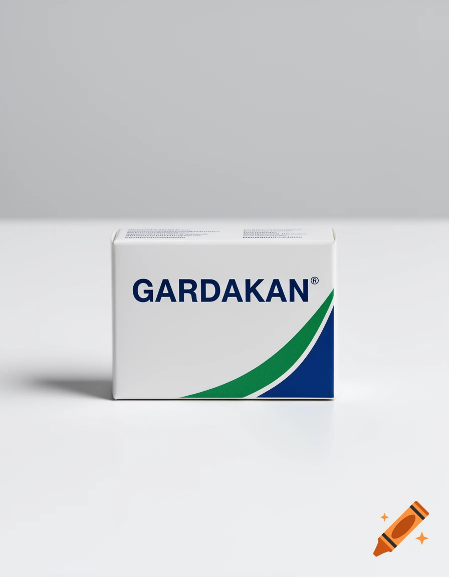 A minimalist white medicine box labeled GARDAKAN with a blue and green swoosh on a clean white surface.