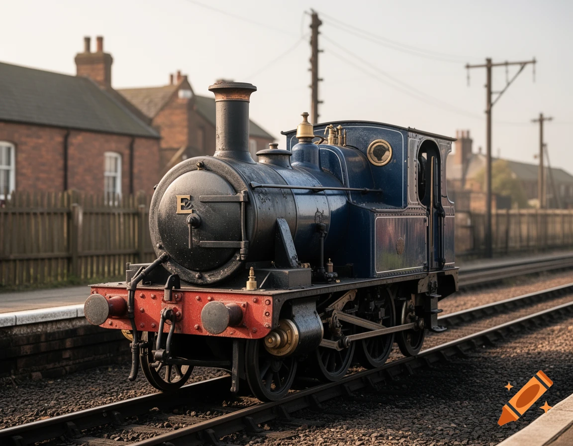 Photorealistic image of a blue and black E2 tank engine steam locomotive parked on tracks at a station.