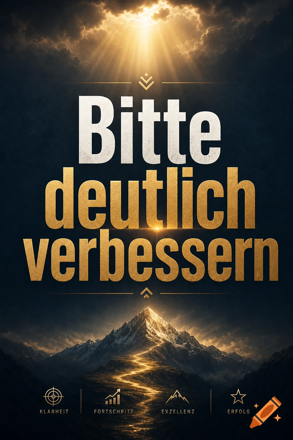 Motivational poster with German text and a glowing mountain peak under dramatic clouds.